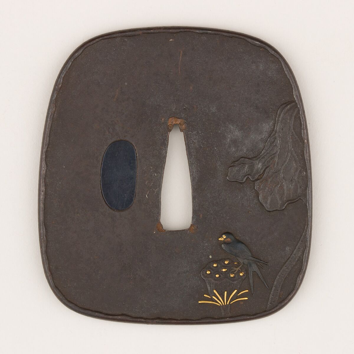 Sword Guard (Tsuba), Iron, copper-gold alloy (shakudō), copper, Japanese 
