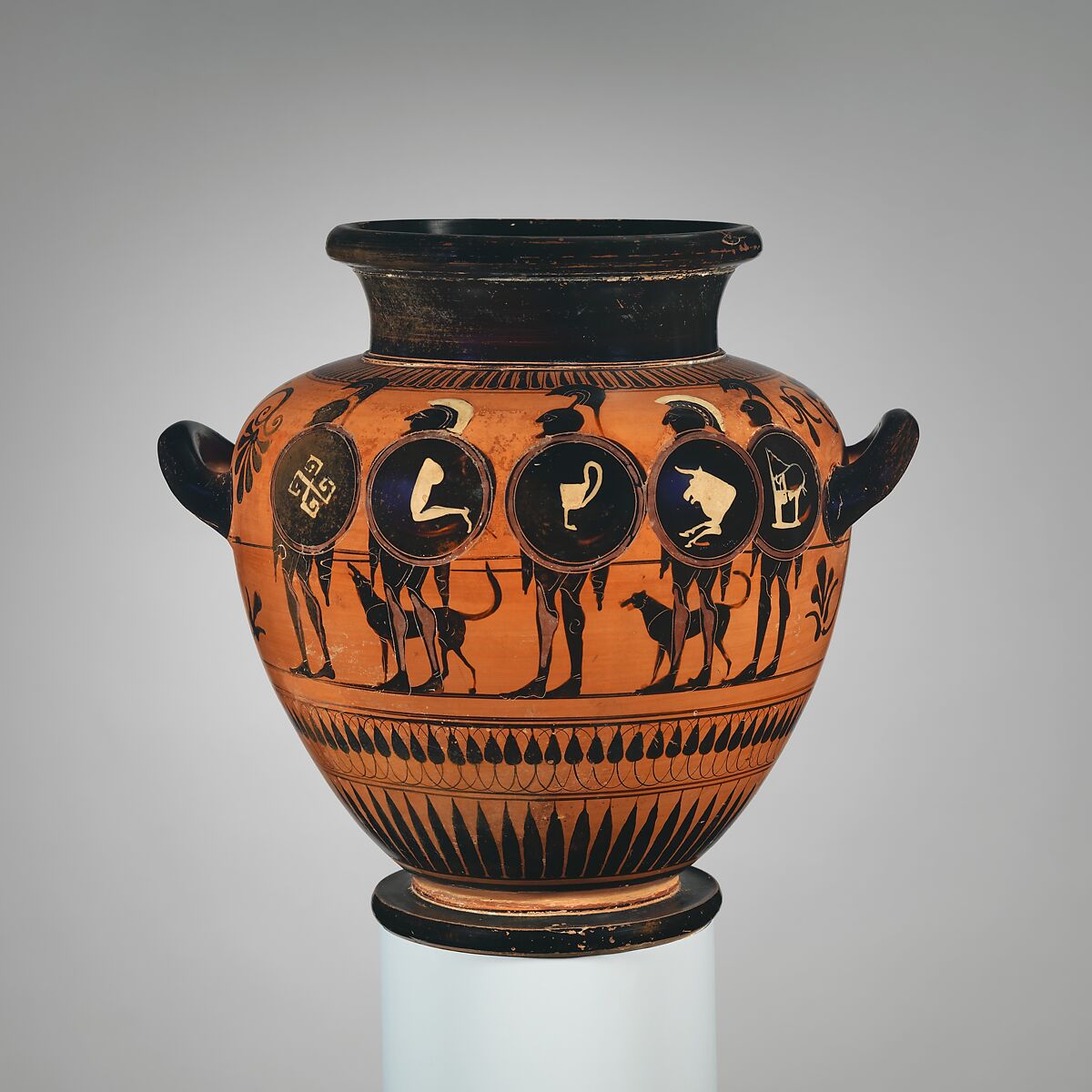 Terracotta stamnos (jar), Attributed to the Painter of London B 343, Terracotta, Greek, Attic