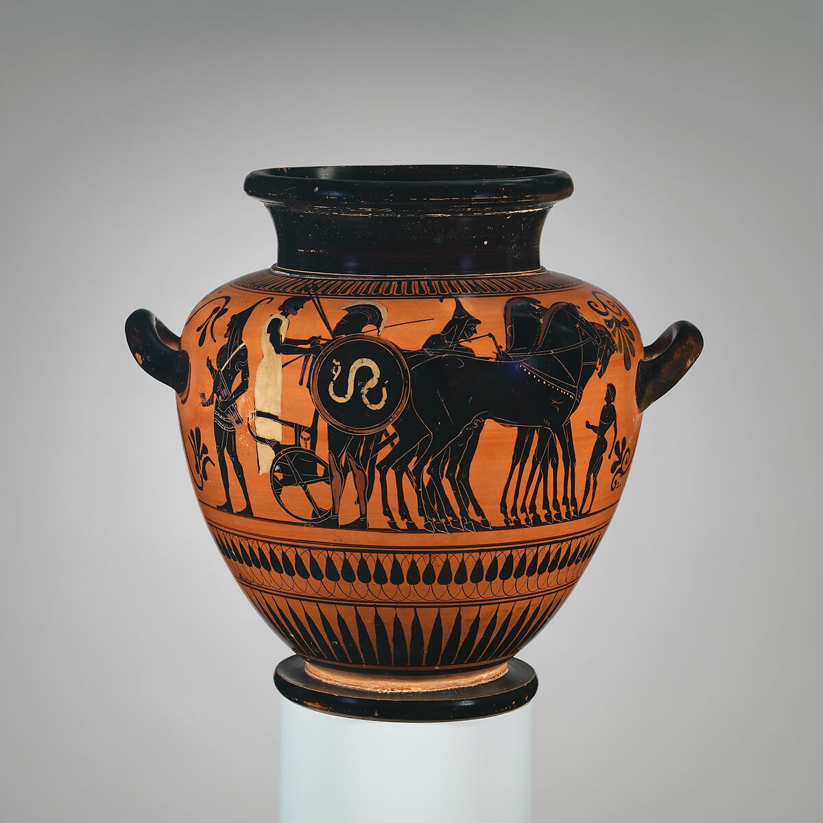 Terracotta stamnos (jar), Attributed to the Painter of London B 343, Terracotta, Greek, Attic 