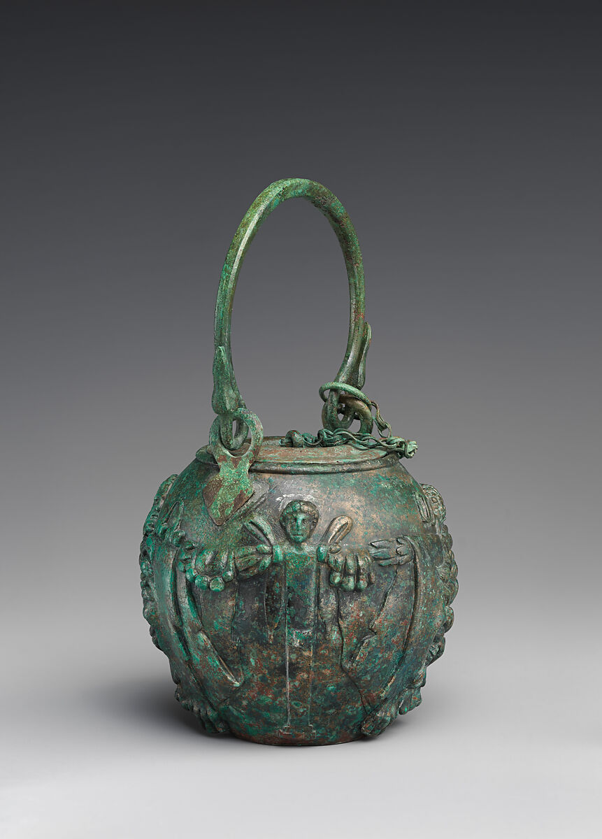 Bronze balsamarium decorated with lion-skins and herms, Bronze, Roman