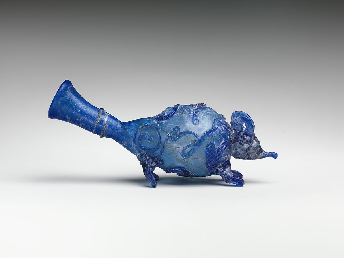 Glass snake-thread flask shaped like a mouse, Glass, blue, Roman