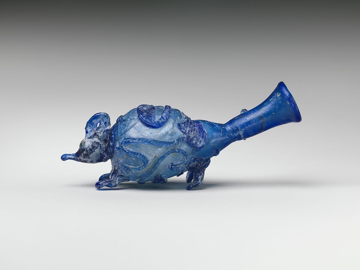 Glass snake-thread flask shaped like a mouse, Glass, blue, Roman 