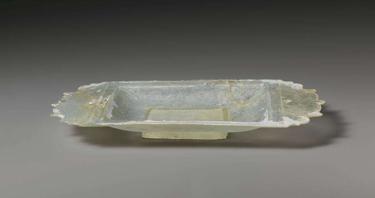 Glass serving dish, Glass, greenish colorless, Roman