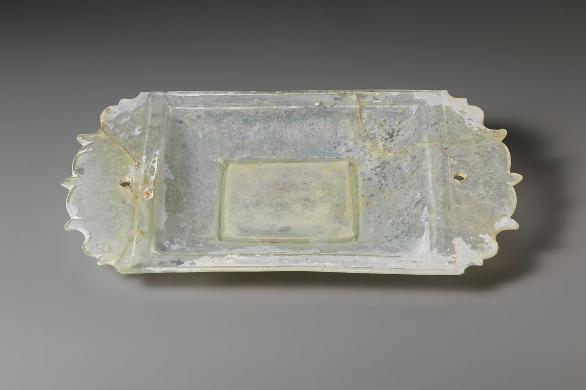 Glass serving dish, Glass, greenish colorless, Roman 