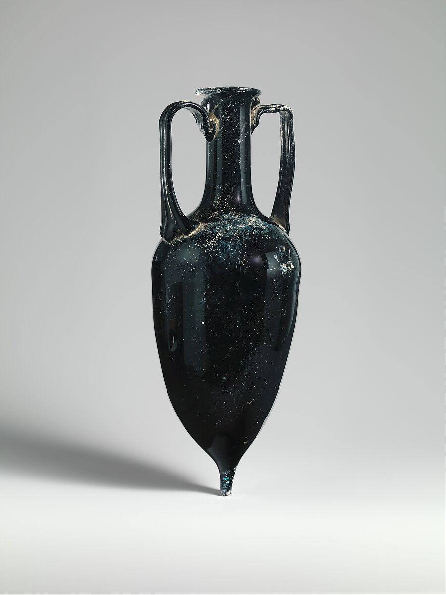 Glass two-handled bottle (amphora), Glass, purple, Roman 