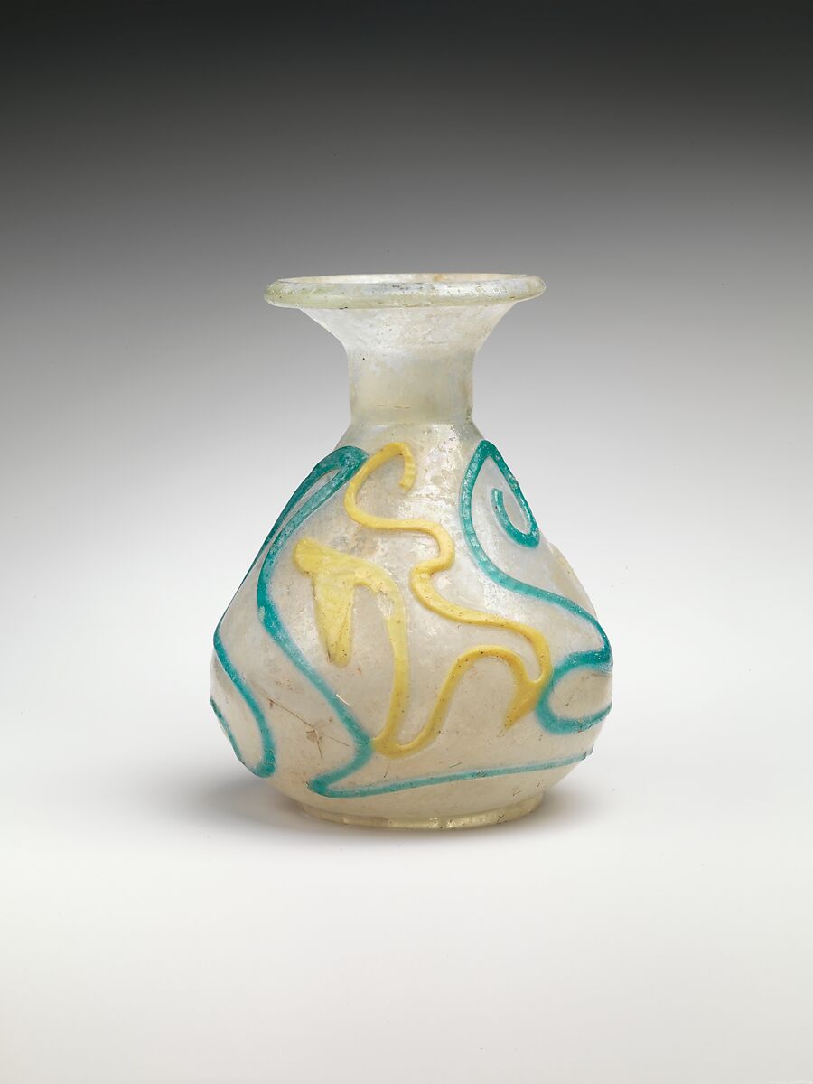 Glass snake-thread dropper flask, Glass, Roman