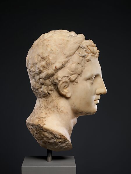 Marble head of a horned youth wearing a diadem, Marble, Greek