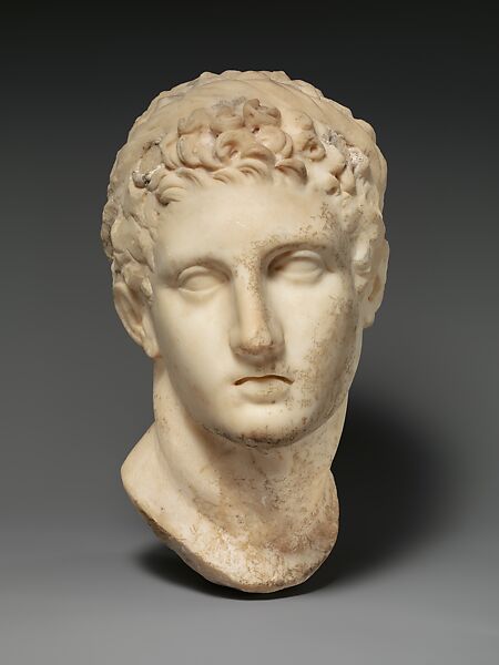 Marble head of a horned youth wearing a diadem, Marble, Greek