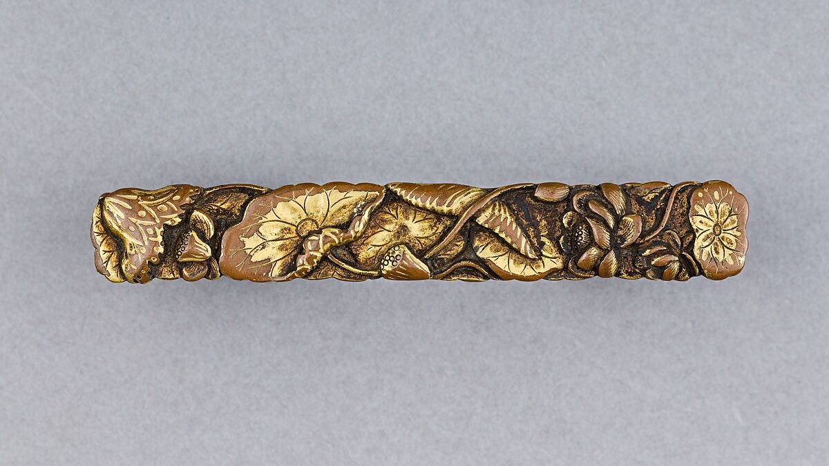 Knife Handle (<i>Kozuka</i>) With Lotus Motif (蓮図小柄), Copper, copper-silver alloy (<i>shibuichi</i>), gold, Japanese
