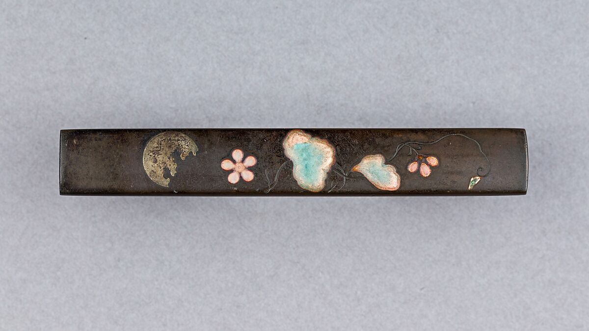 Knife Handle (Kozuka), Copper-silver alloy (shibuichi), silver, shell, Japanese 