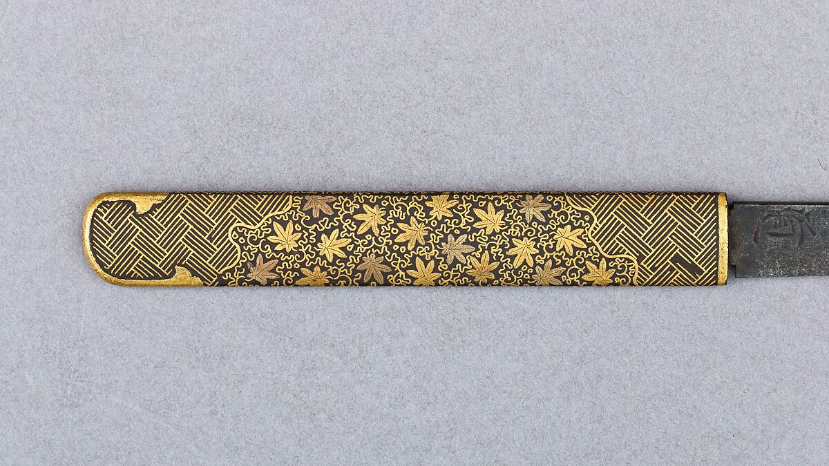 Knife Handle (<i>Kozuka</i>) with Blade Depicting Maples, Arabesques, and Patterns (紅葉唐草文様図小柄), Iron, gold, steel, Japanese