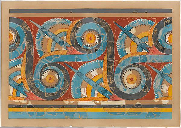 Reproduction of the "Great S-spiral frieze" fresco, By Emile Gilliéron père, 1911 or early 1912., watercolor on paper, Mycenaean 
