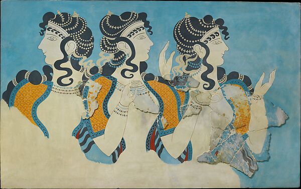 Reproduction of the "Ladies in Blue" fresco, Emile Gilliéron fils, 1927, painted plaster, Minoan 