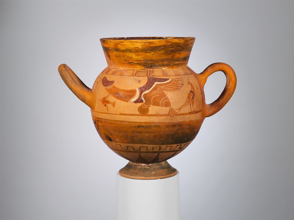 Terracotta globular cup with two handles, Terracotta, Etruscan