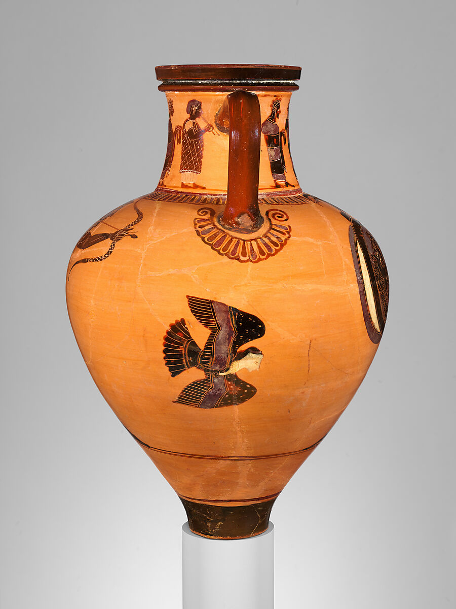 Terracotta neck-amphora (jar), Attributed to a painter of the Princeton Group, Terracotta, Greek, Attic