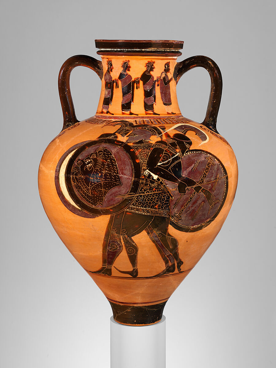 Terracotta neck-amphora (jar), Attributed to a painter of the Princeton Group, Terracotta, Greek, Attic