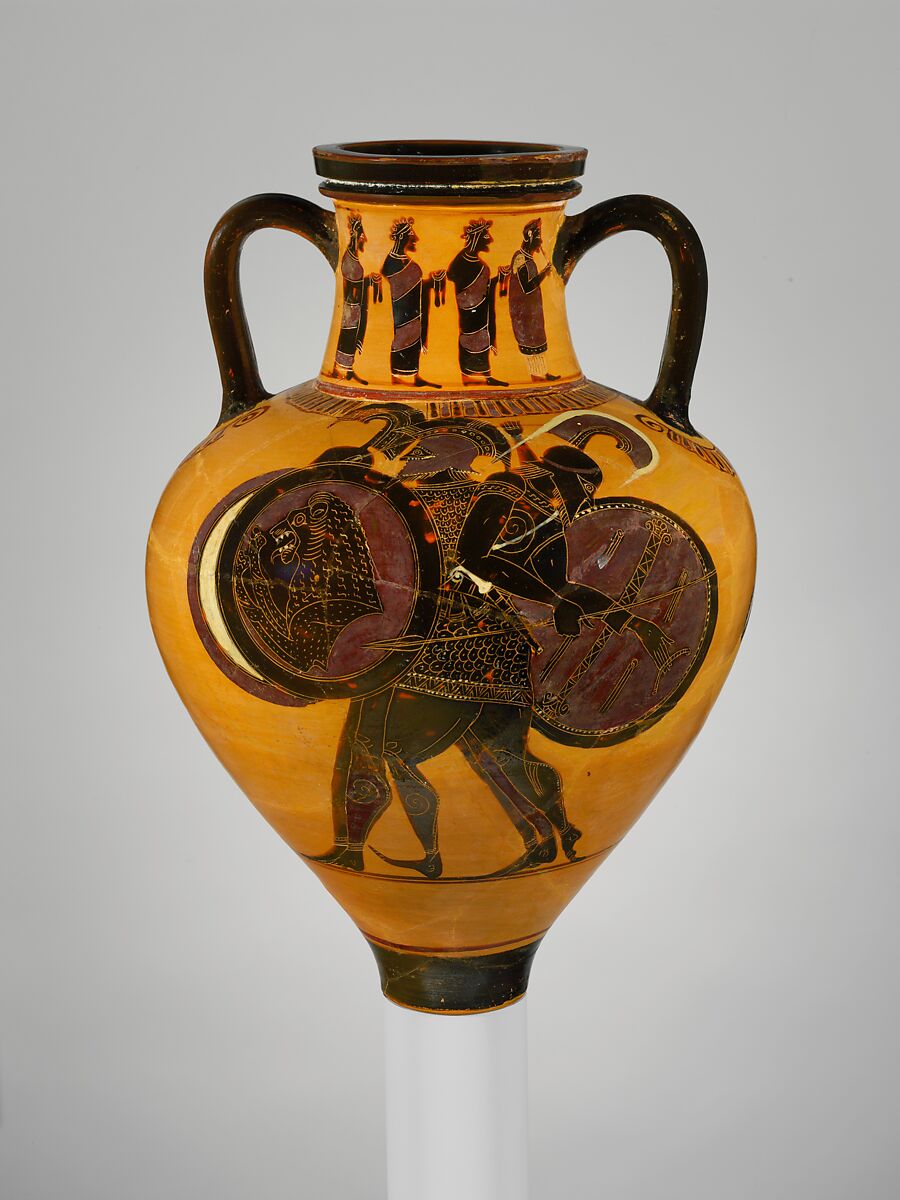 Terracotta neck-amphora (jar), Attributed to a painter of the Princeton Group, Terracotta, Greek, Attic