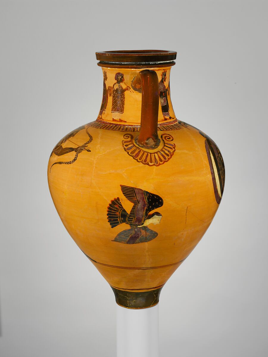 Terracotta neck-amphora (jar), Attributed to a painter of the Princeton Group, Terracotta, Greek, Attic