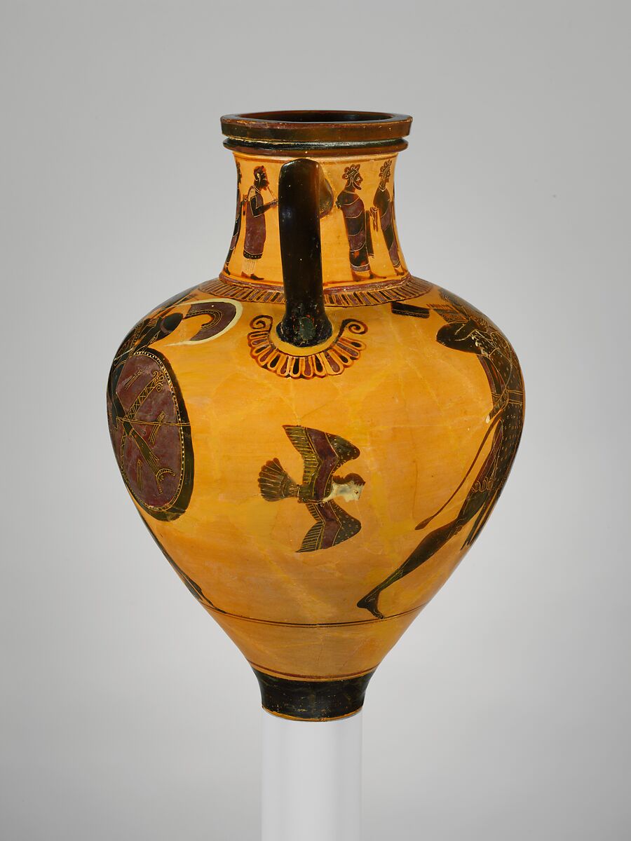 Terracotta neck-amphora (jar), Attributed to a painter of the Princeton Group, Terracotta, Greek, Attic