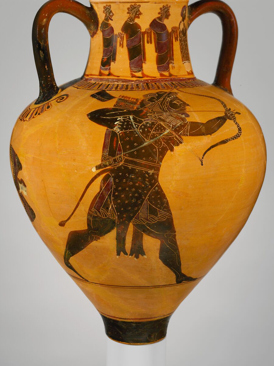 Terracotta neck-amphora (jar), Attributed to a painter of the Princeton Group, Terracotta, Greek, Attic