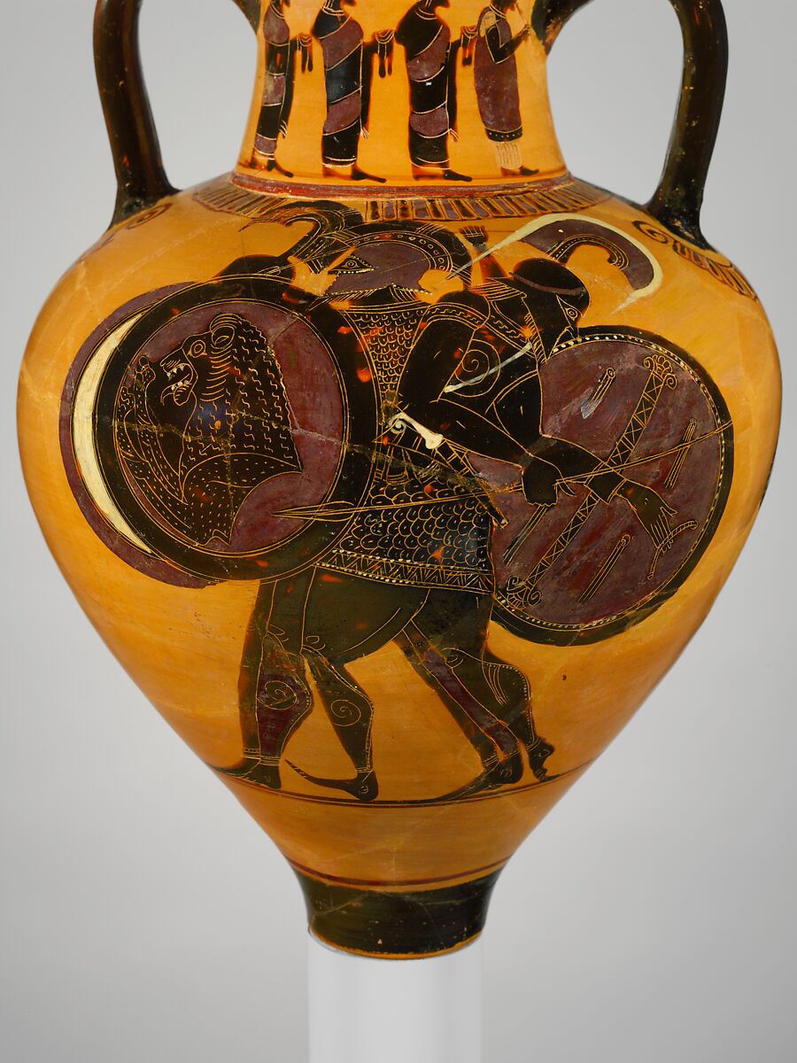 Terracotta neck-amphora (jar), Attributed to a painter of the Princeton Group, Terracotta, Greek, Attic