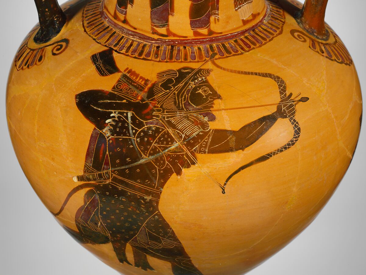 Terracotta neck-amphora (jar), Attributed to a painter of the Princeton Group, Terracotta, Greek, Attic