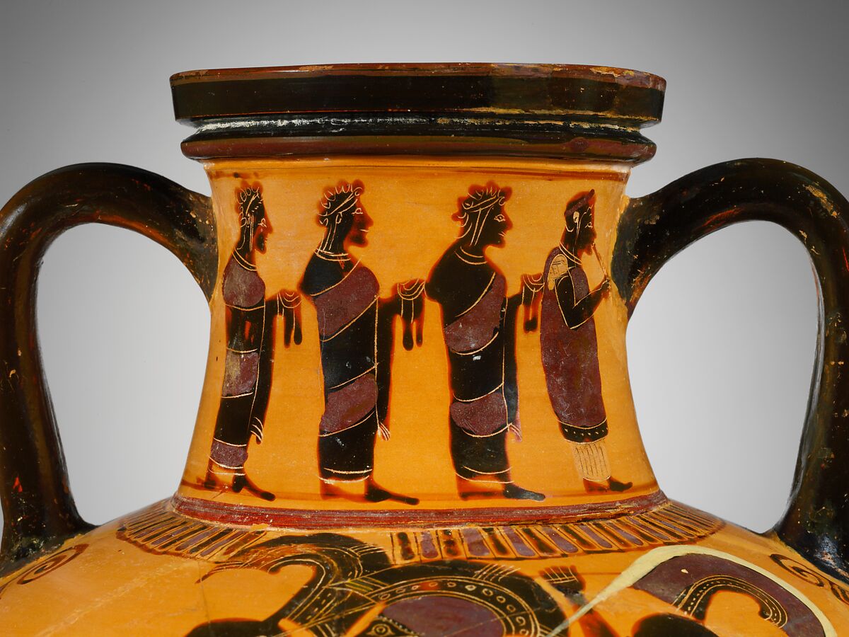 Terracotta neck-amphora (jar), Attributed to a painter of the Princeton Group, Terracotta, Greek, Attic