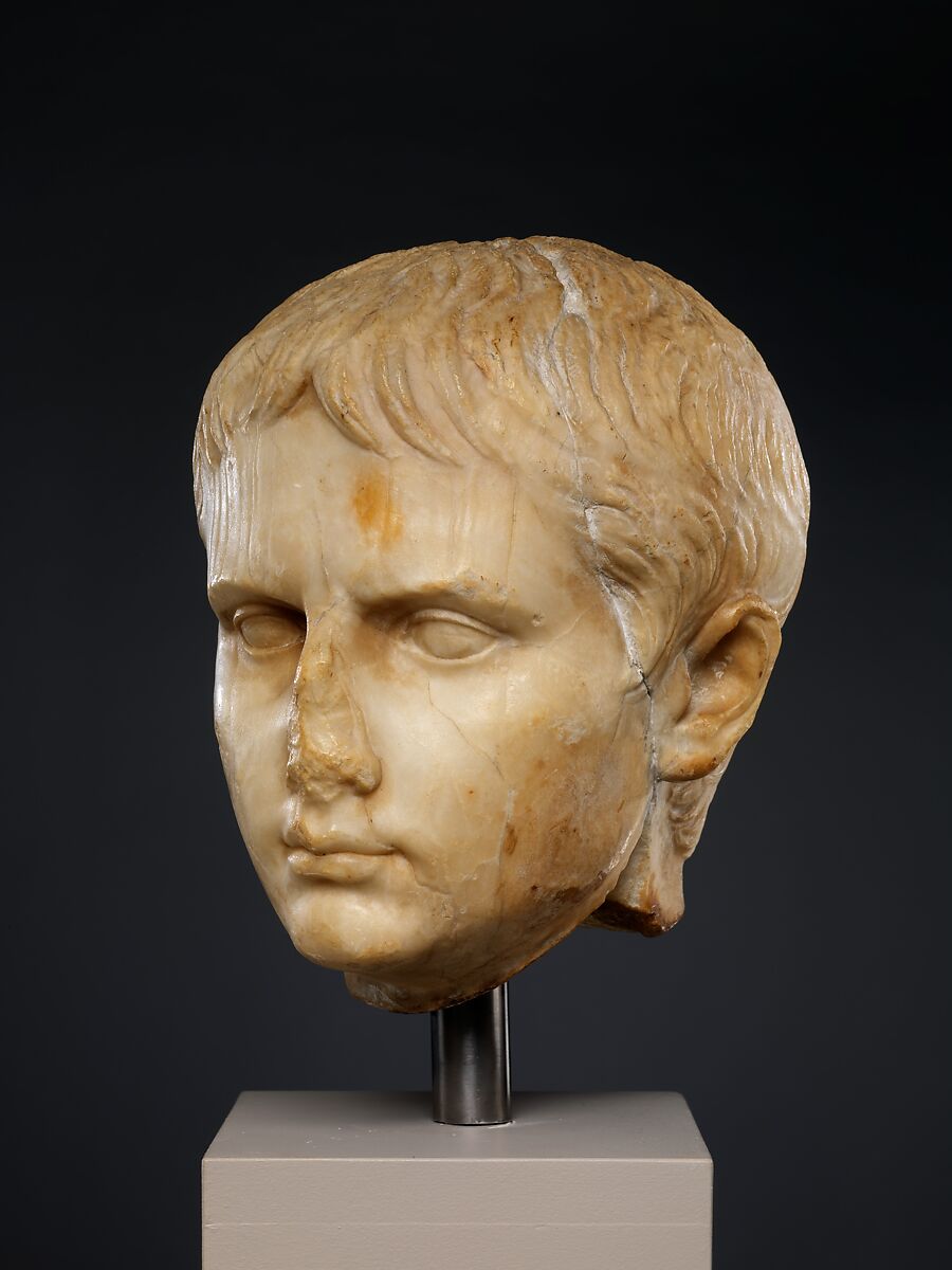 Stone head of a Julio-Claudian youth, possibly of Gaius Caesar, gypsum alabaster, Roman