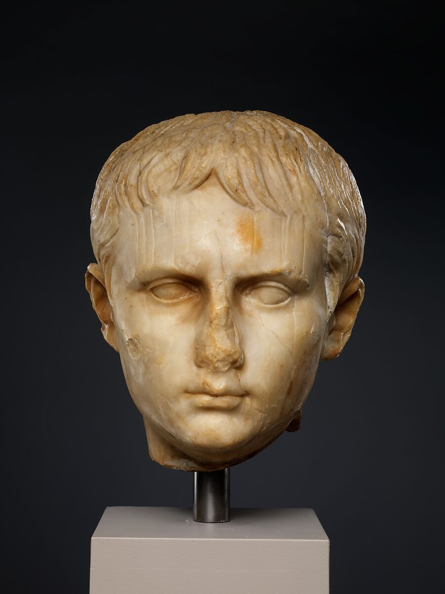 Stone head of a Julio-Claudian youth, possibly of Gaius Caesar, gypsum alabaster, Roman 