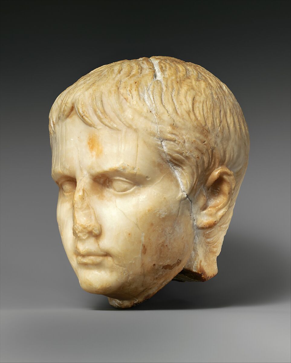 Stone head of a Julio-Claudian youth, possibly of Gaius Caesar, gypsum alabaster, Roman