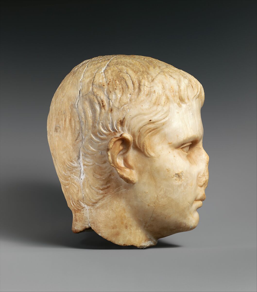 Stone head of a Julio-Claudian youth, possibly of Gaius Caesar, gypsum alabaster, Roman