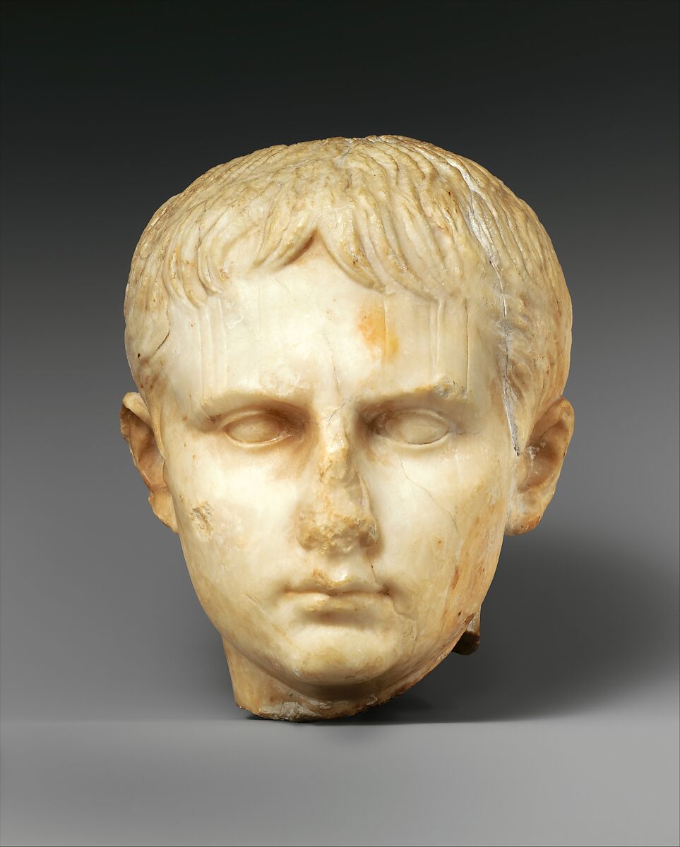 Stone head of a Julio-Claudian youth, possibly of Gaius Caesar, gypsum alabaster, Roman