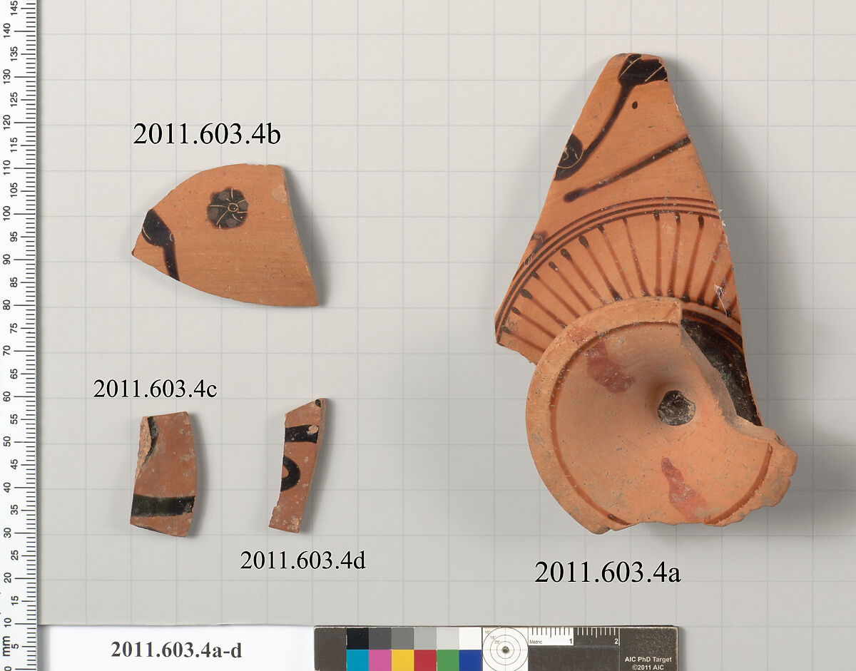 Fragments of a terracotta kylix: Komast cup, Attributed to the Falmouth Painter, Terracotta, Greek, Attic 