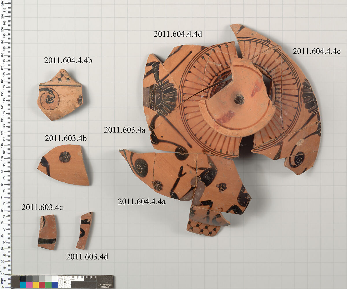 Fragments of a terracotta kylix: Komast cup, Attributed to the Falmouth Painter, Terracotta, Greek, Attic