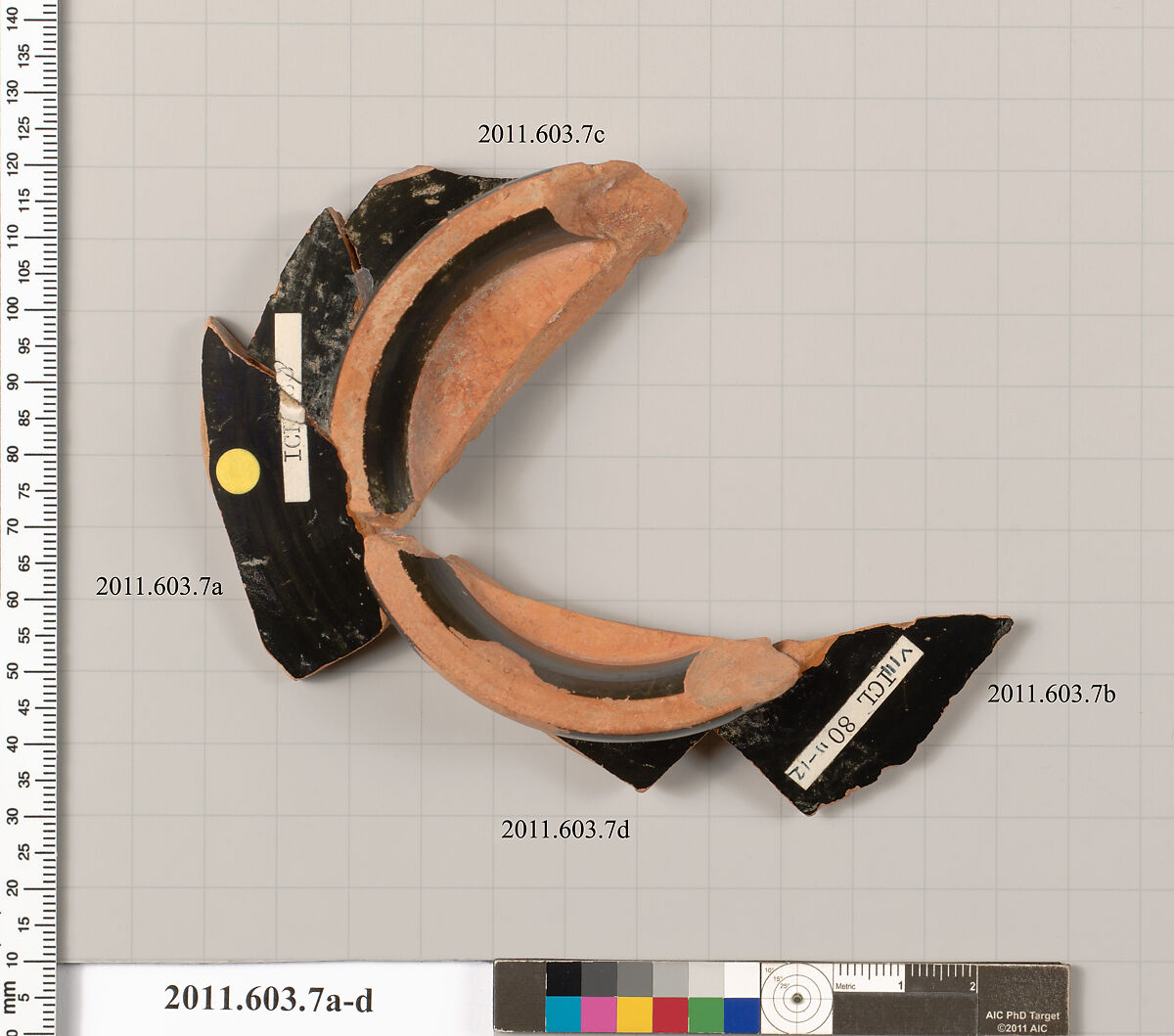 Fragments of a terracotta stemless kylix, Terracotta, Greek, Attic