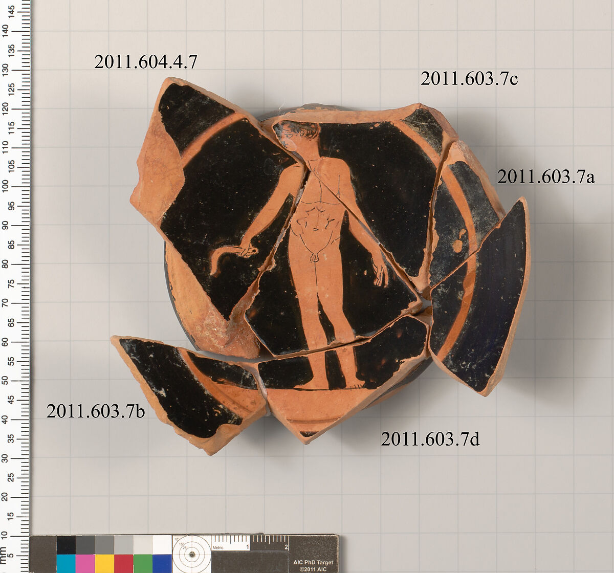 Fragments of a terracotta stemless kylix, Terracotta, Greek, Attic