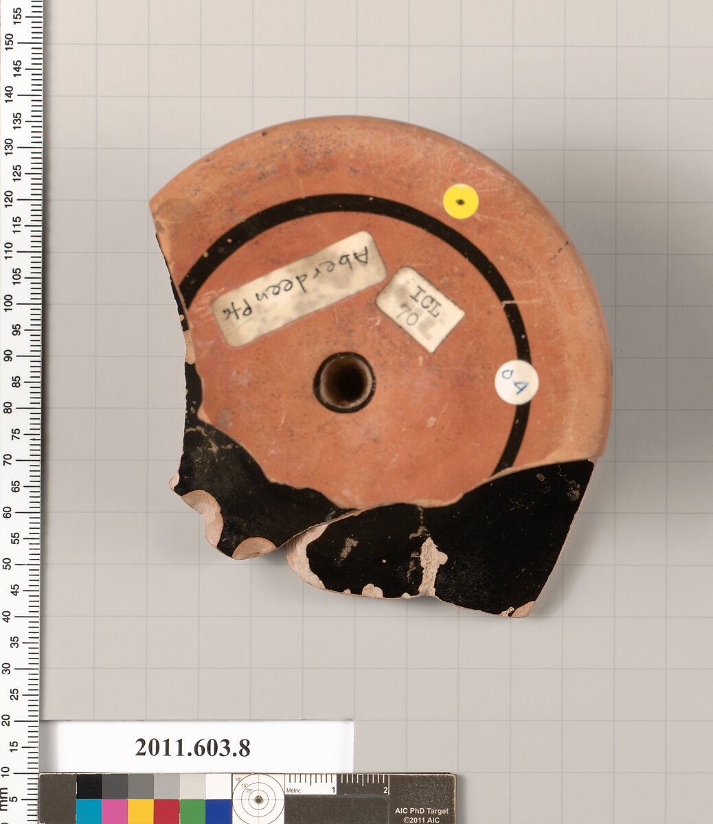 Fragment of a terracotta kylix, Attributed to the Aberdeen Painter, Terracotta, Greek, Attic