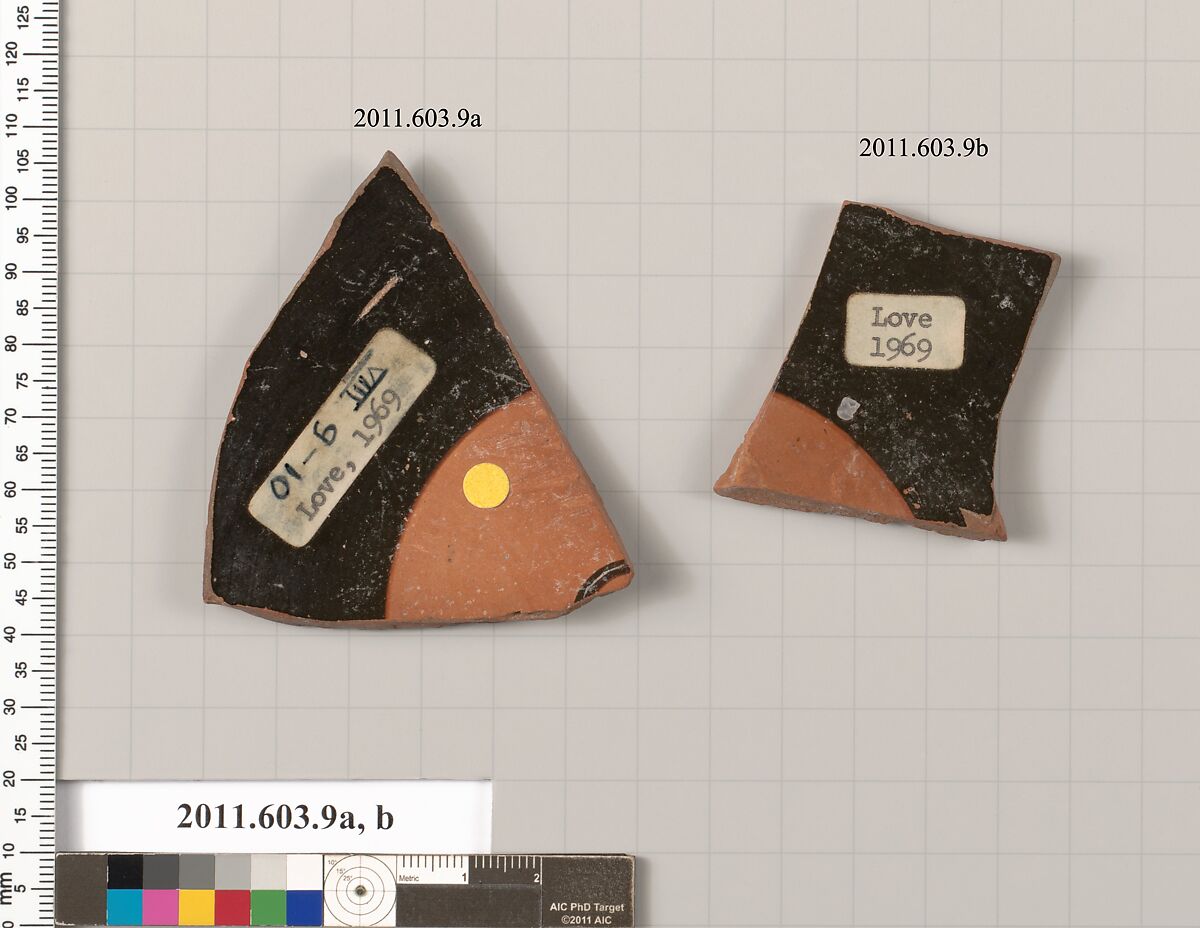 Fragments of a terracotta kylix:band-cup, Terracotta, Greek, Attic