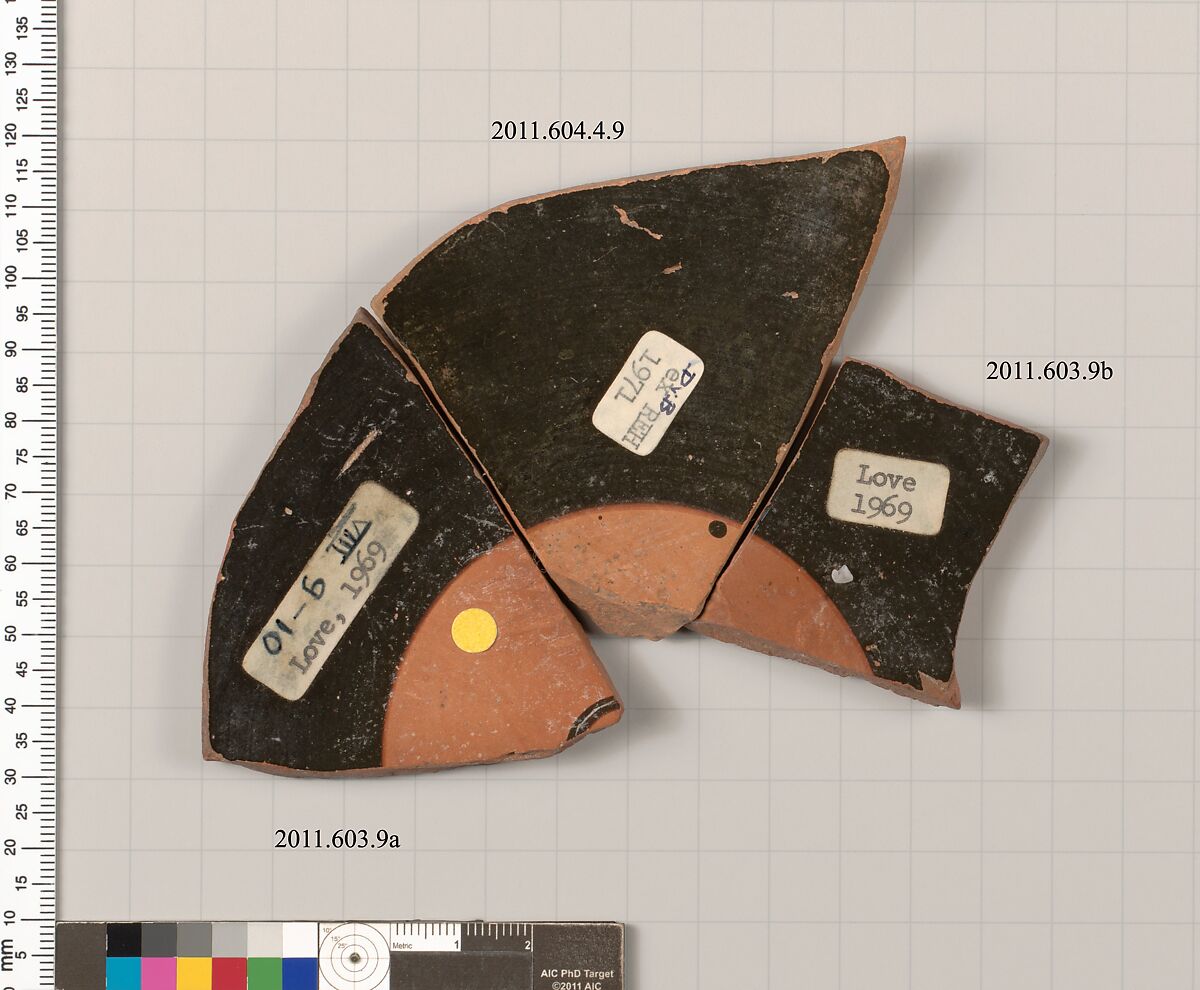 Fragments of a terracotta kylix:band-cup, Terracotta, Greek, Attic