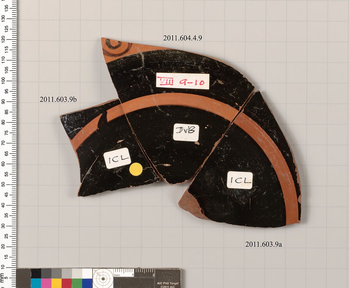 Fragments of a terracotta kylix:band-cup, Terracotta, Greek, Attic