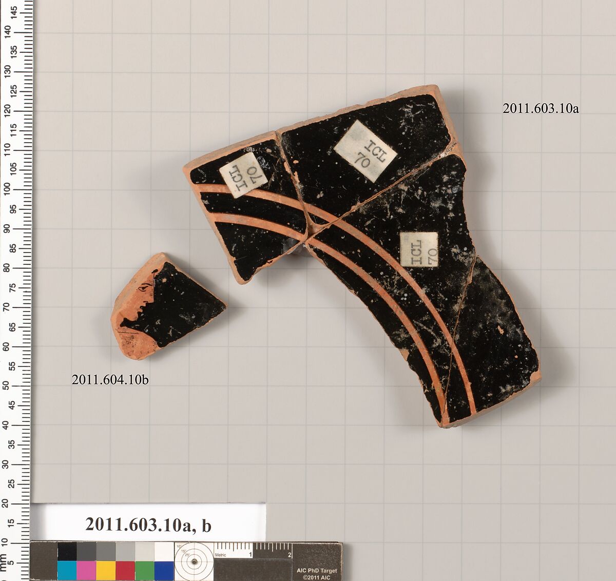 Fragments of a terracotta kylix, Terracotta, Greek, Attic 