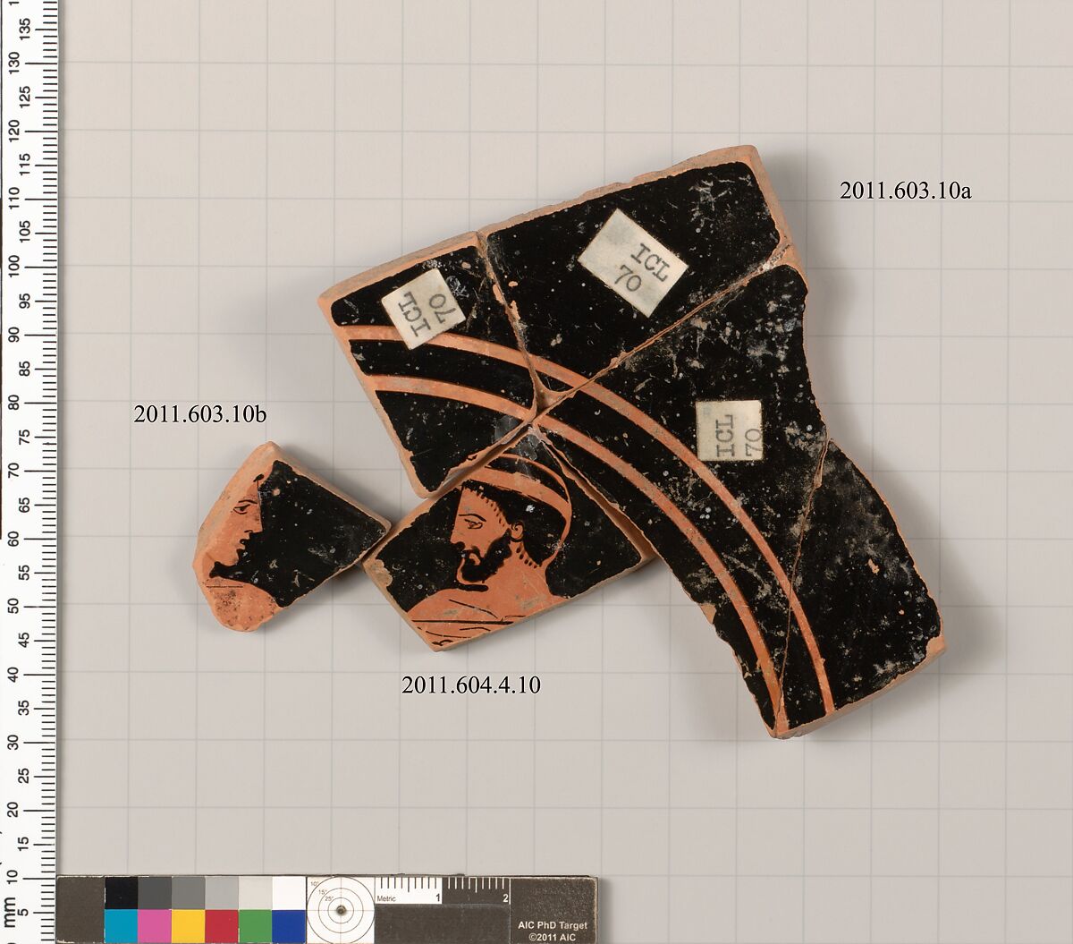 Fragments of a terracotta kylix, Terracotta, Greek, Attic