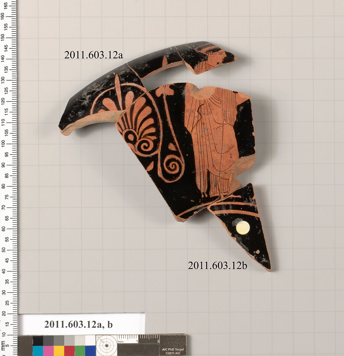 Fragments of a terracotta kylix, Terracotta, Greek, Attic