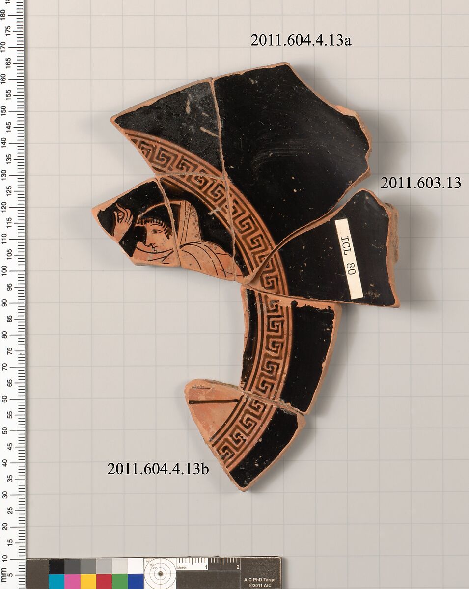 Fragment of a terracotta kylix, Terracotta, Greek, Attic