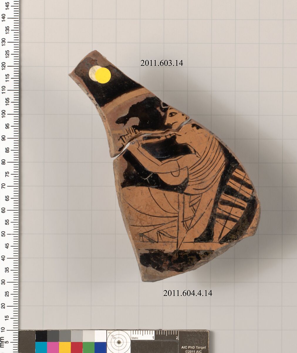 Fragment of a terracotta kylix, Terracotta, Greek, Attic