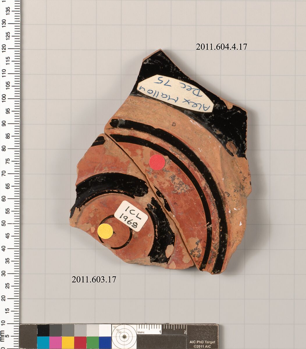Fragment of a terracotta stemless kylix, Terracotta, Greek, Attic