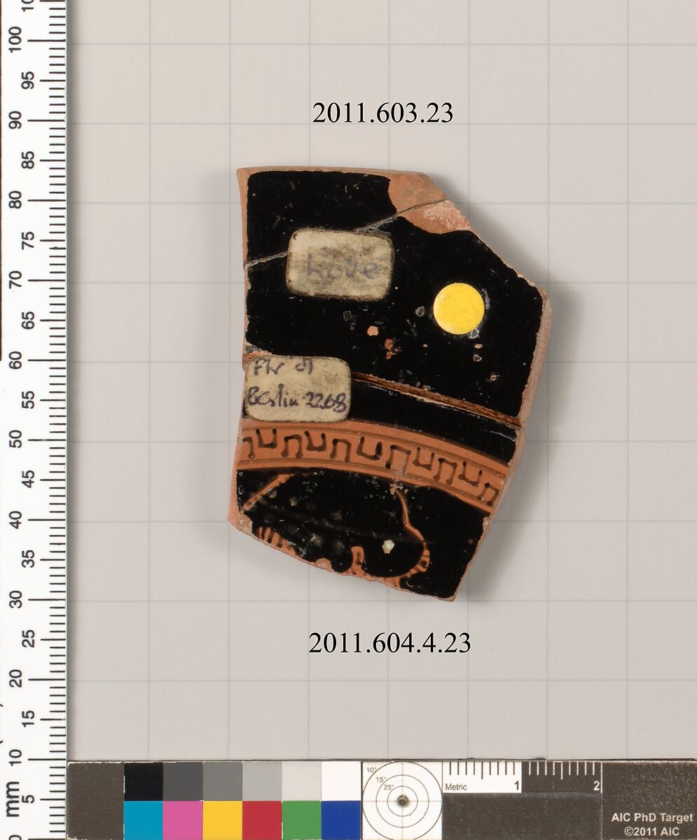 Fragment of a terracotta kylix, Attributed to the Painter of Berlin 2268, Terracotta, Greek, Attic