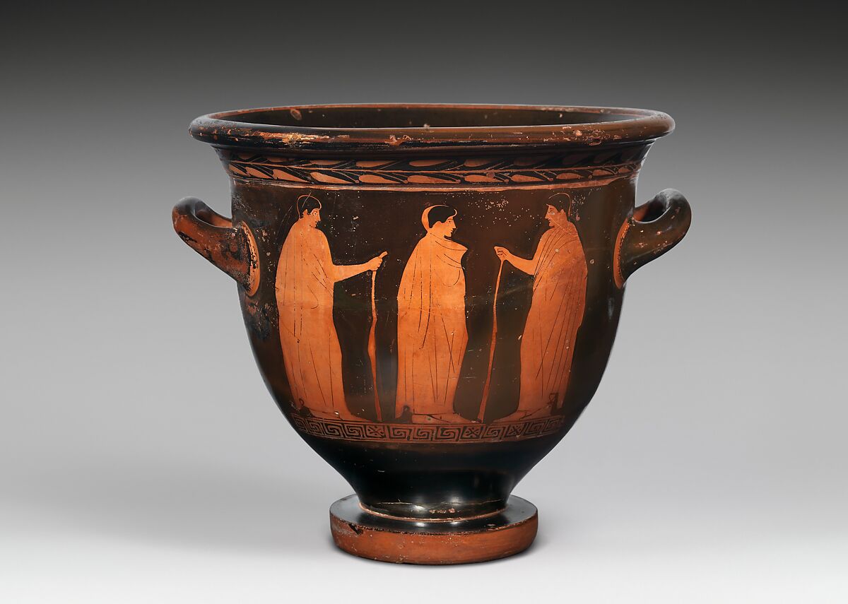 Terracotta bell-krater (bowl for mixing wine and water), Attributed to the Painter of the Louvre Centauromachy, Terracotta, Greek, Attic