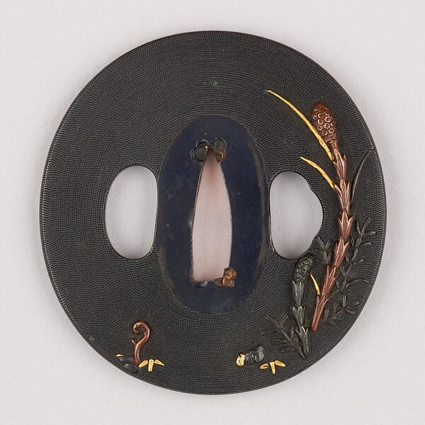 Sword Guard (Tsuba), Copper-gold alloy (shakudō), gold, copper, Japanese 