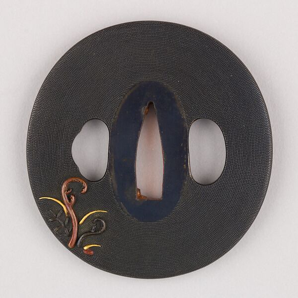 Sword Guard (Tsuba), Copper-gold alloy (shakudō), gold, copper, Japanese